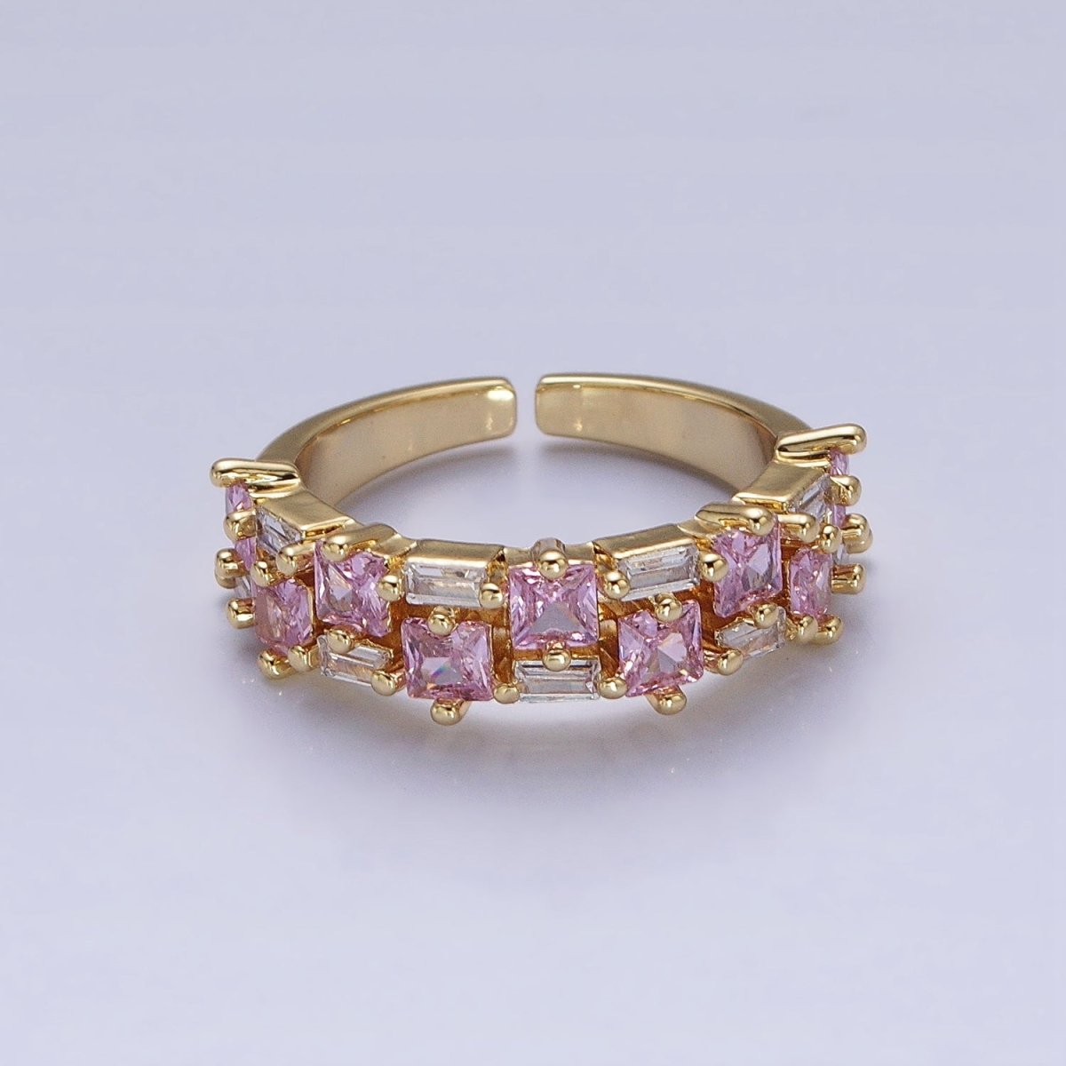 24K Gold Filled Fuchsia, Multicolor, Black, Purple, Blue, Pink, Green, Clear Baguette Square CZ Ring in Gold & Silver | O-1533~O-1548 - DLUXCA