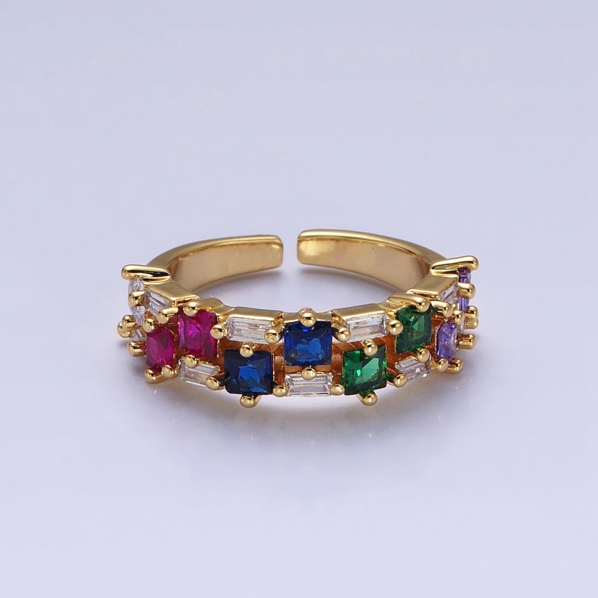 24K Gold Filled Fuchsia, Multicolor, Black, Purple, Blue, Pink, Green, Clear Baguette Square CZ Ring in Gold & Silver | O-1533~O-1548 - DLUXCA