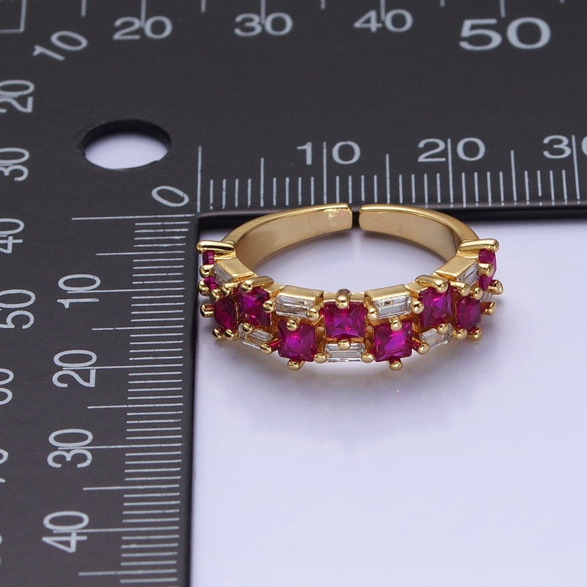 24K Gold Filled Fuchsia, Multicolor, Black, Purple, Blue, Pink, Green, Clear Baguette Square CZ Ring in Gold & Silver | O-1533~O-1548 - DLUXCA