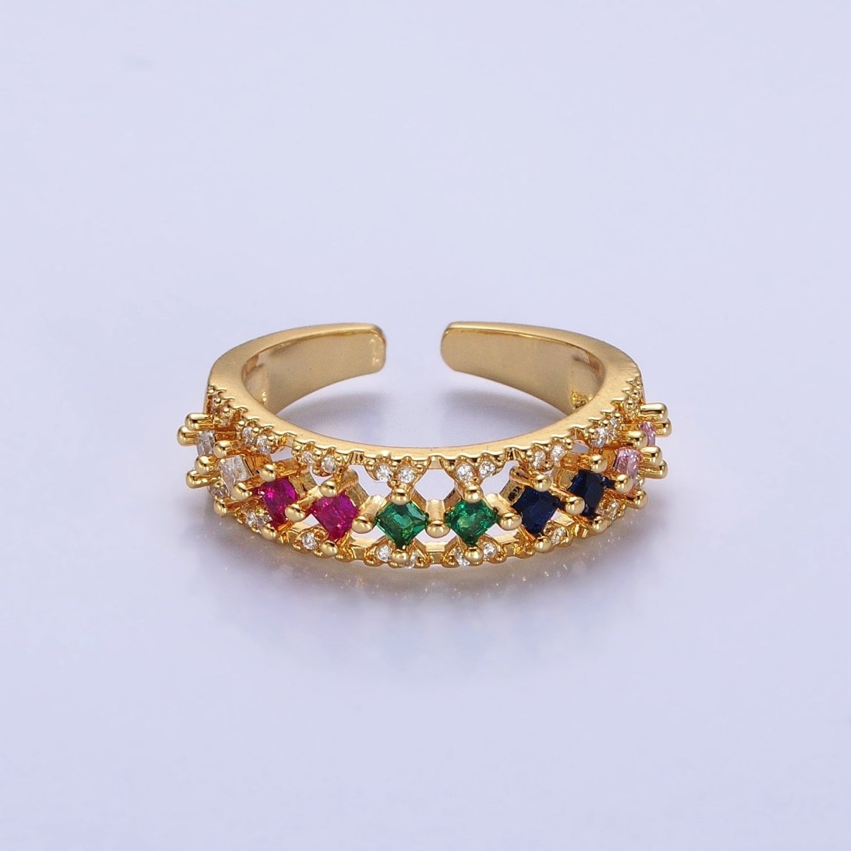 24K Gold Filled Fuchsia, Multicolor, Black, Purple, Blue, Pink, Green, Clear Rhombus CZ Micro Paved Ring in Gold & Silver | O-1517~O-1532 - DLUXCA