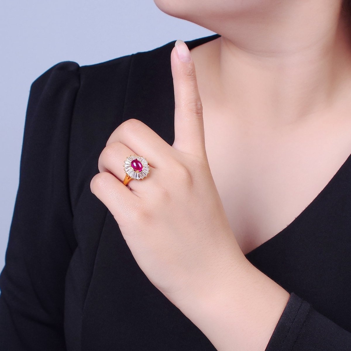 24K Gold Filled Fuchsia Pink Jade Ring, Round Baguette CZ Zirconia O-768 - DLUXCA