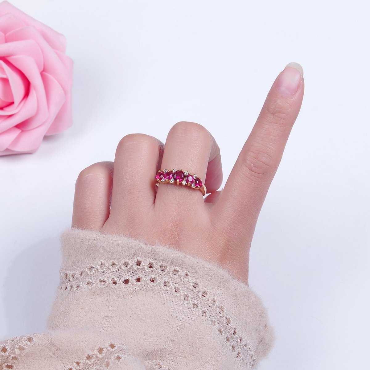 24K Gold Filled Fuchsia Pink Promise Ring, Round Cubic Zirconia CZ Ring O-2295 - DLUXCA