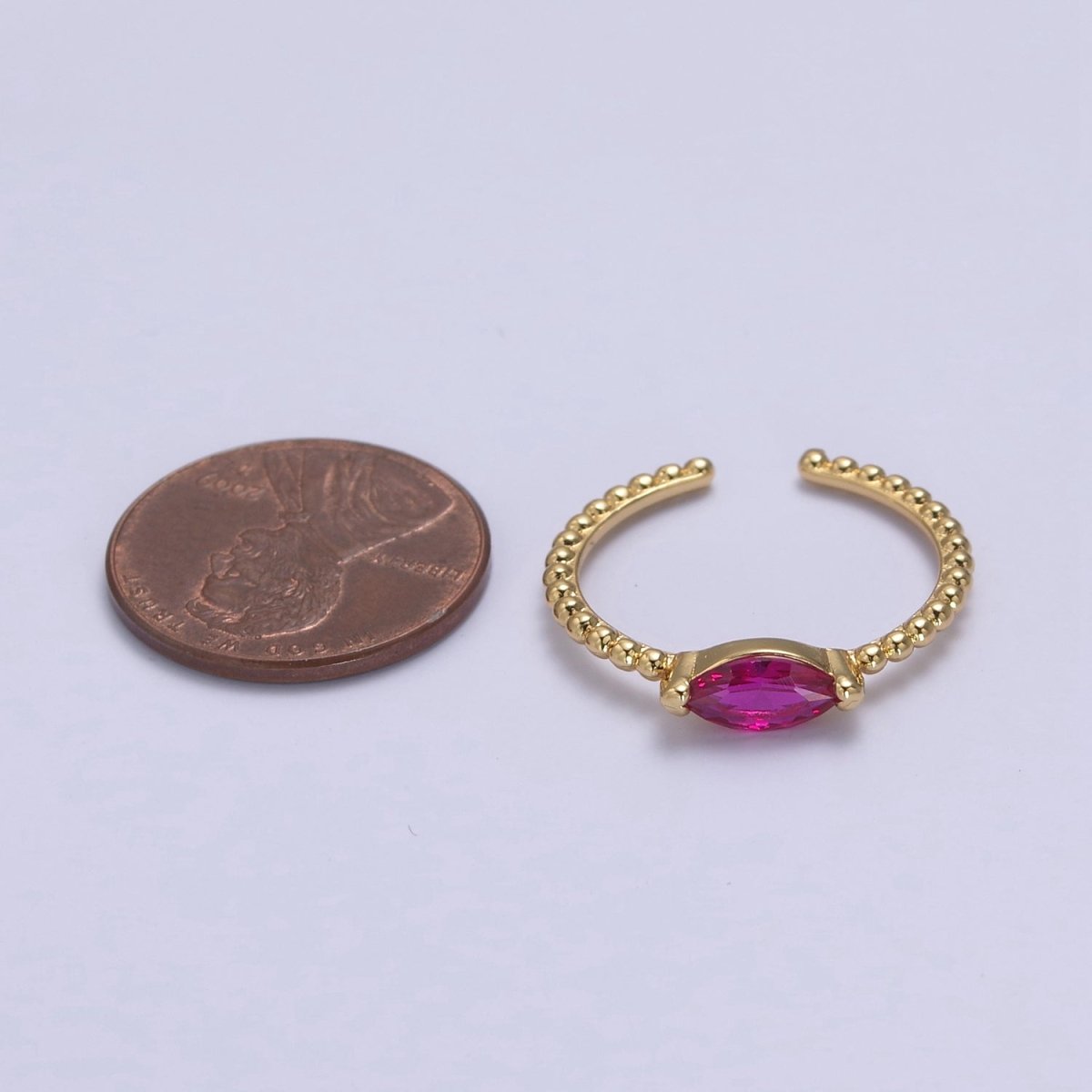 24K Gold Filled Fuchsia Pink Sharp Oval Marquise Crystal Cubic Zirconia CZ on Beaded Gold Promise Ring S-365 - DLUXCA