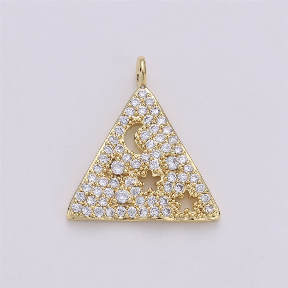 24K Gold Filled Geometric Dainty Triangle Charm with Micro Pave Moon and Star Cubic Zirconia CZ Stone for Necklace Bracelet Component, C-872 - DLUXCA