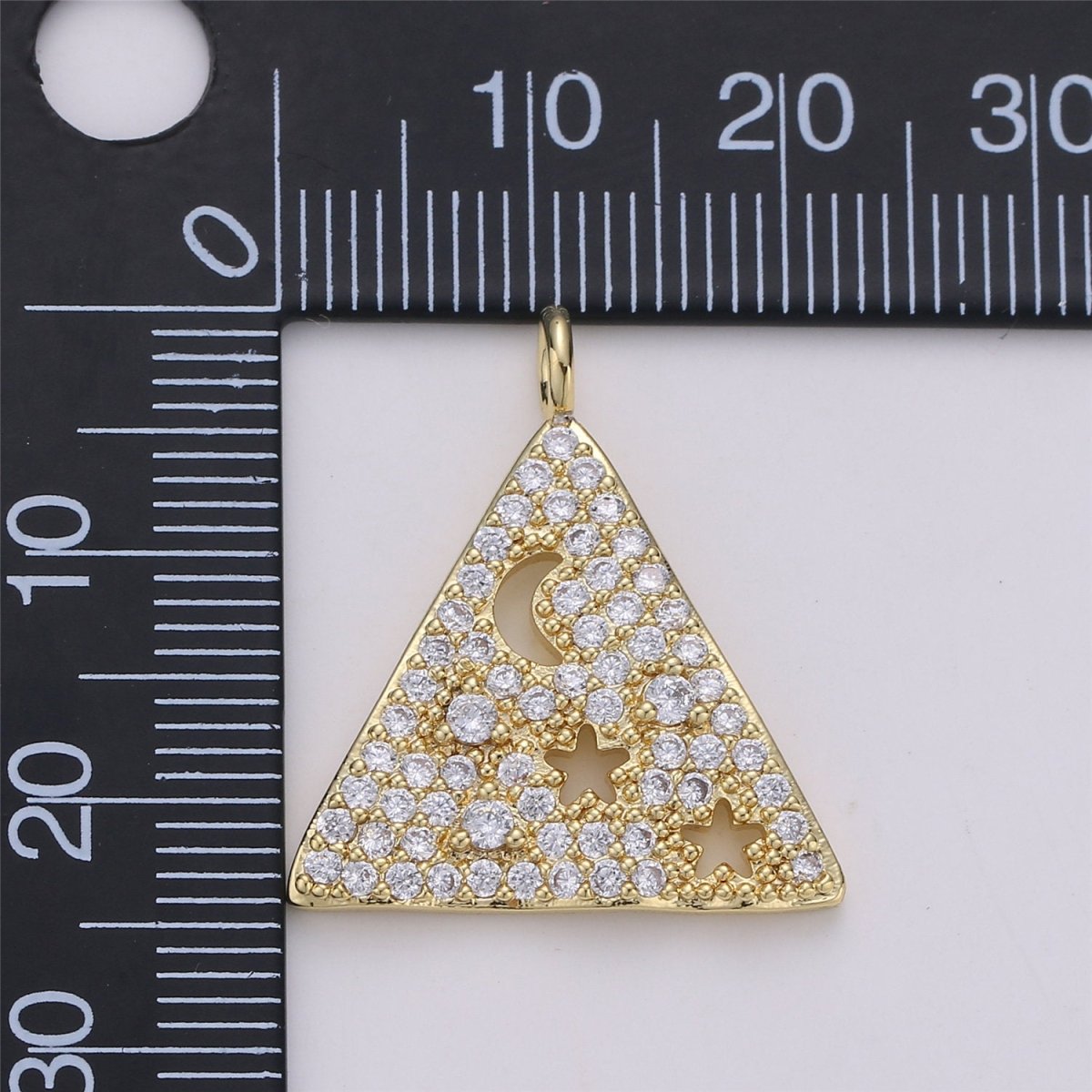 24K Gold Filled Geometric Dainty Triangle Charm with Micro Pave Moon and Star Cubic Zirconia CZ Stone for Necklace Bracelet Component, C-872 - DLUXCA