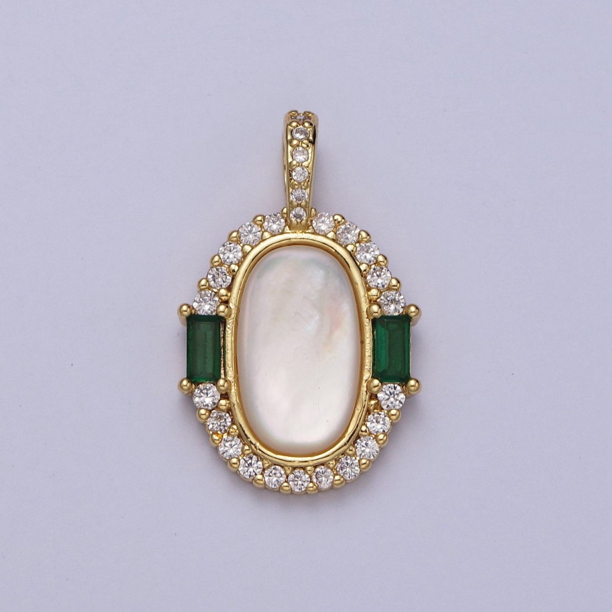 24K Gold Filled Glossy Shell Pearl Green Baguette Micro Paved CZ Pendant H-396 - DLUXCA