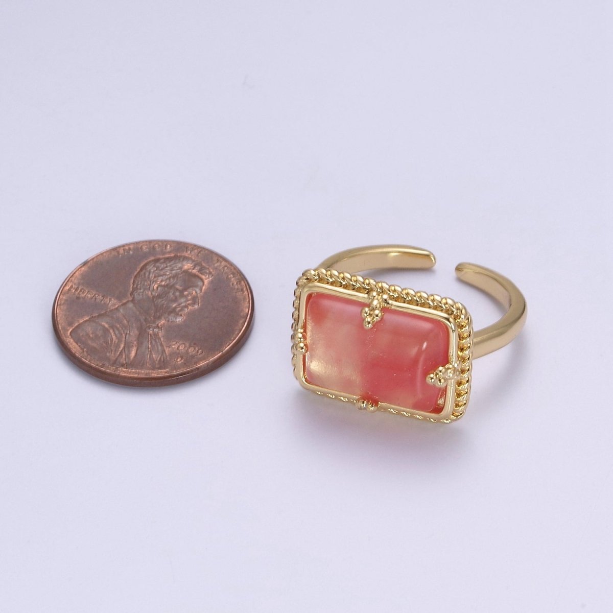 24K Gold Filled Gold Watermelon Pink Rectangular Gemstone Ring, Chunky Statement Ring | U-453 - DLUXCA