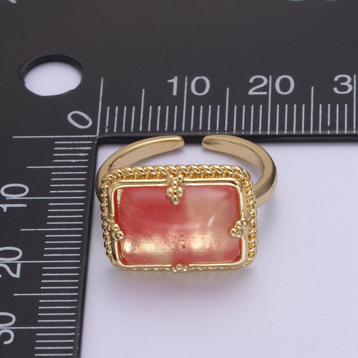 24K Gold Filled Gold Watermelon Pink Rectangular Gemstone Ring, Chunky Statement Ring | U-453 - DLUXCA
