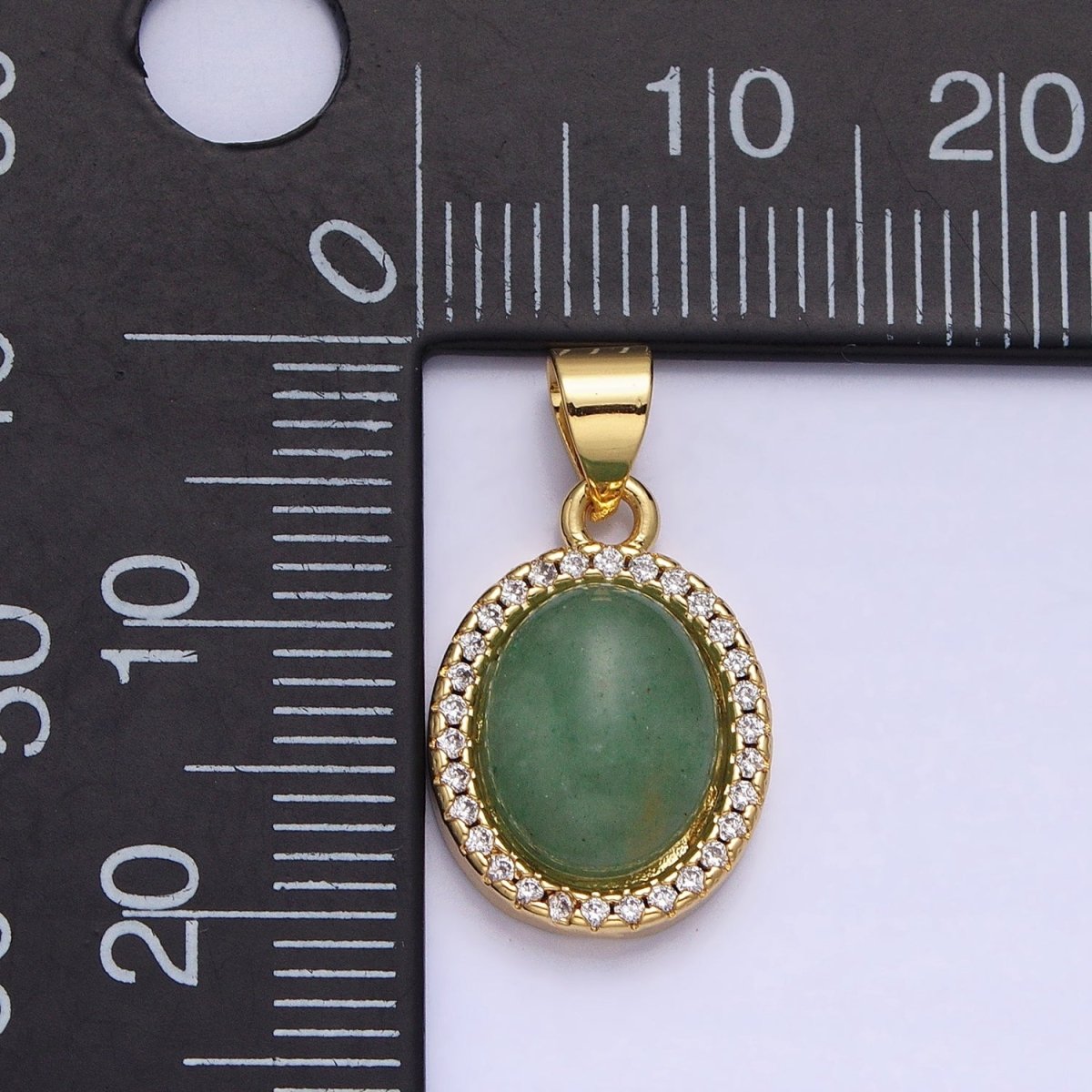 24K Gold Filled Green Aventurine Natural Gemstone Micro Paved CZ Oval Pendant | AA180 - DLUXCA