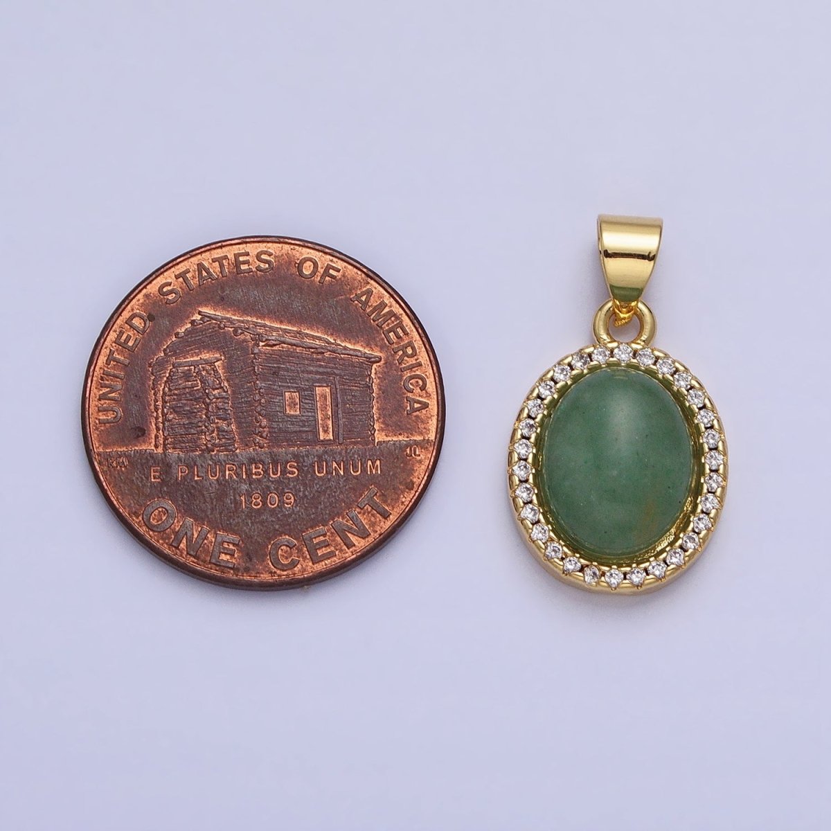 24K Gold Filled Green Aventurine Natural Gemstone Micro Paved CZ Oval Pendant | AA180 - DLUXCA