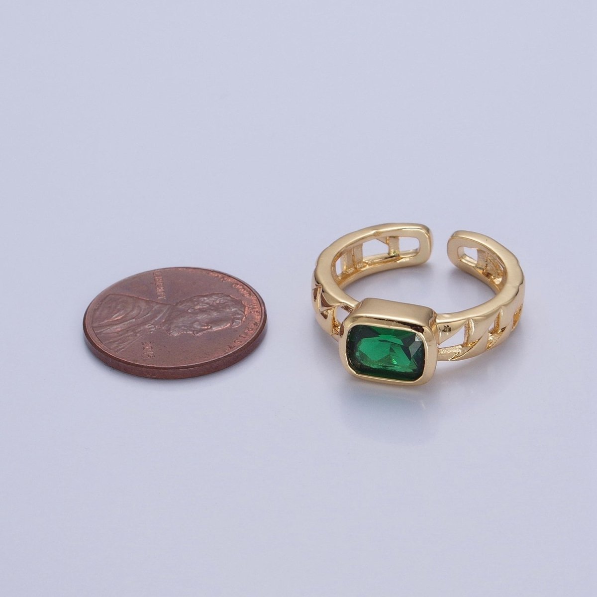 24K Gold Filled Green Baguette CZ with Chain Link Band O-2211 - DLUXCA