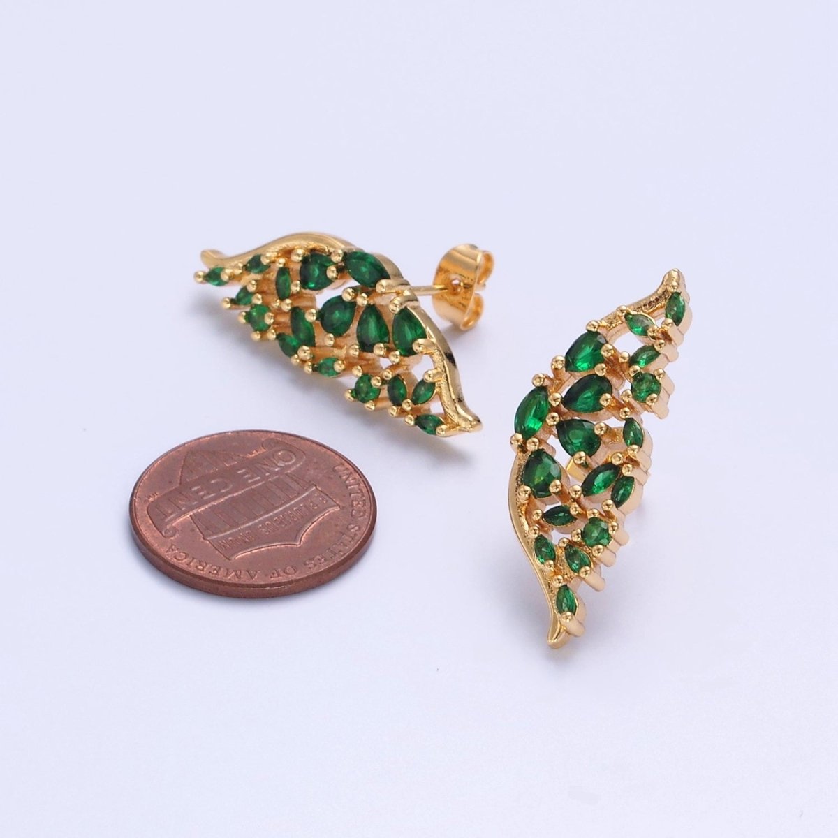 24K Gold Filled Green Butterfly Wings Studs, Micro Pave Mariposa Emerald Earrings V-446 - DLUXCA