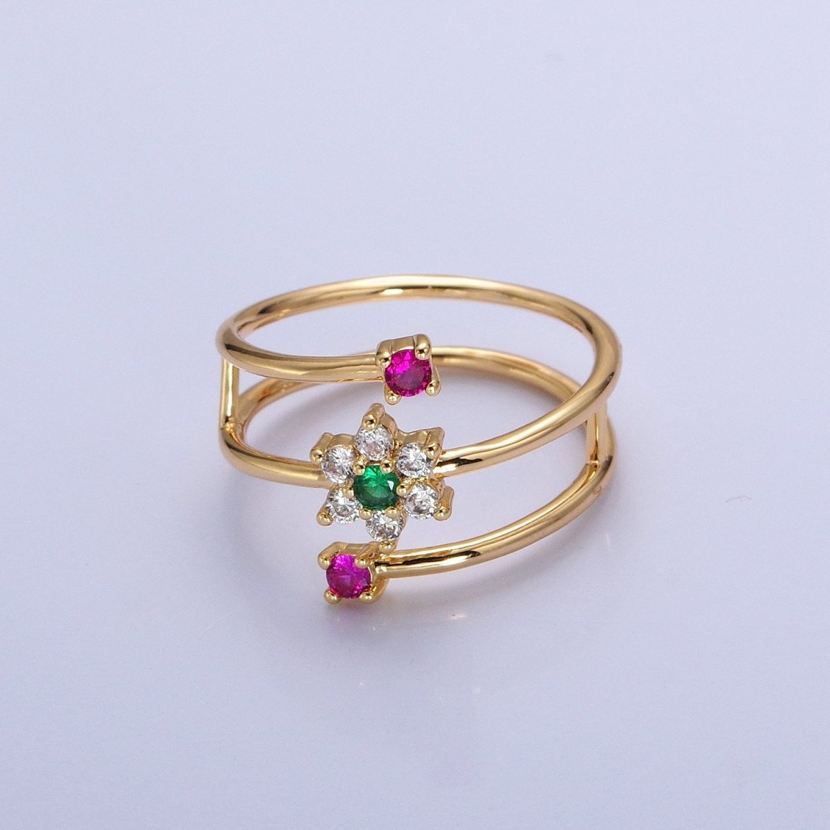 24K Gold Filled Green Clear Flower Fuchsia Round CZ Double Band Ring in Gold & Silver | O-1930 O-1931 - DLUXCA