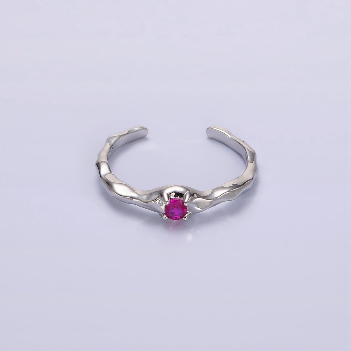24K Gold Filled Green, Clear, Fuchsia CZ Solitaire Molten Ring in Silver & Gold | O-617 ~ O-622 - DLUXCA