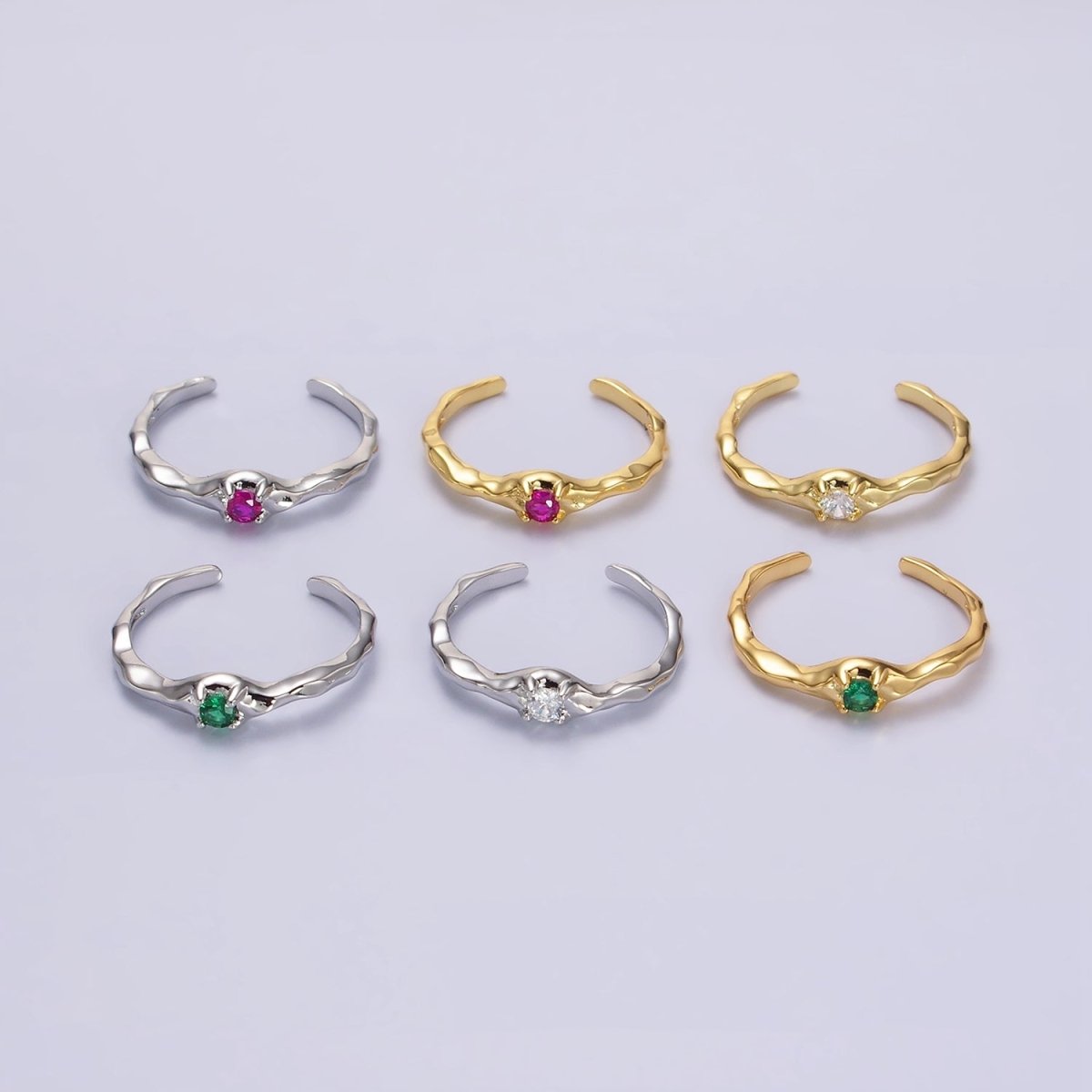 24K Gold Filled Green, Clear, Fuchsia CZ Solitaire Molten Ring in Silver & Gold | O-617 ~ O-622 - DLUXCA