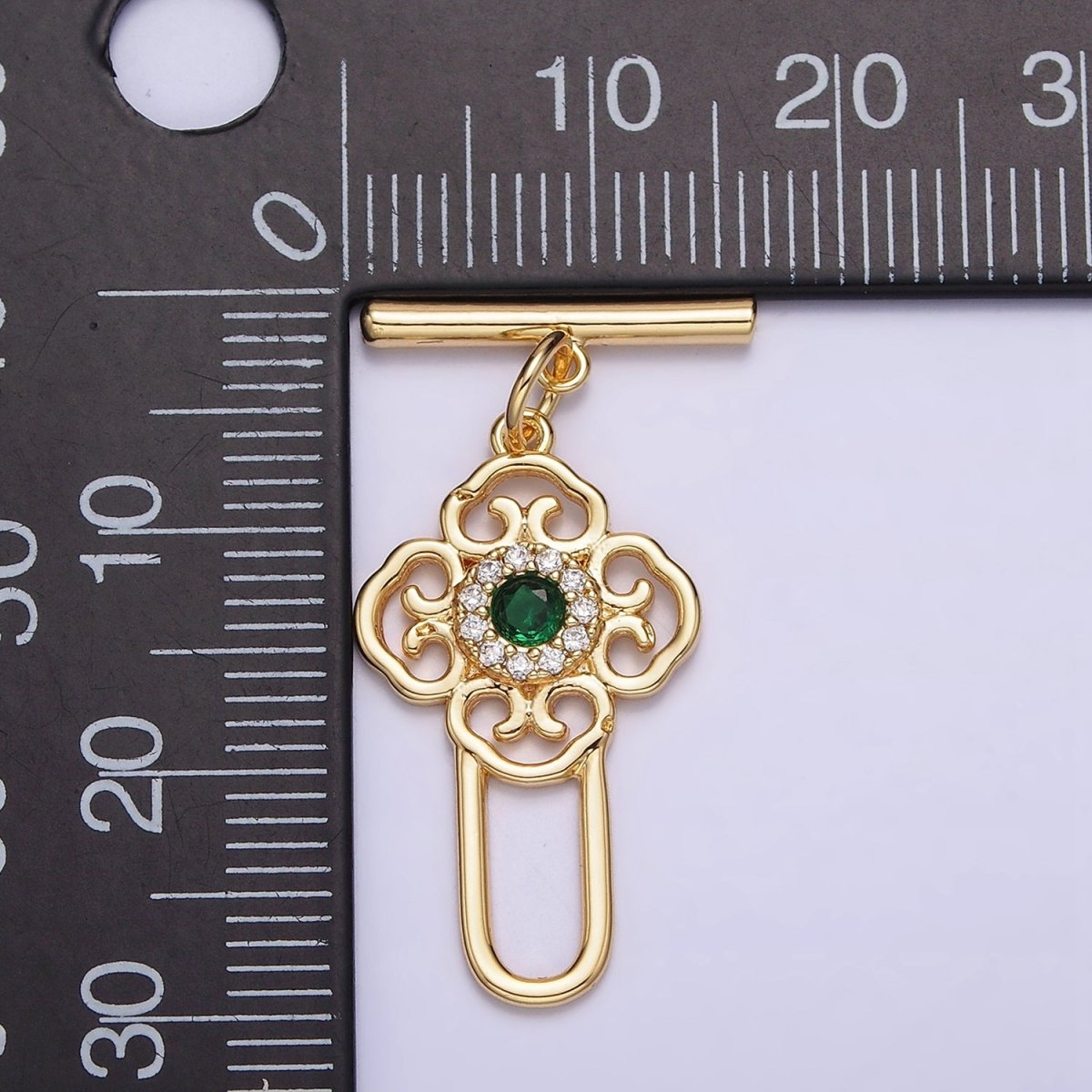 24K Gold Filled Green CZ Artisan Key Oblong Toggle Clasps Closure Jewelry Making Supply | Z-439 - DLUXCA