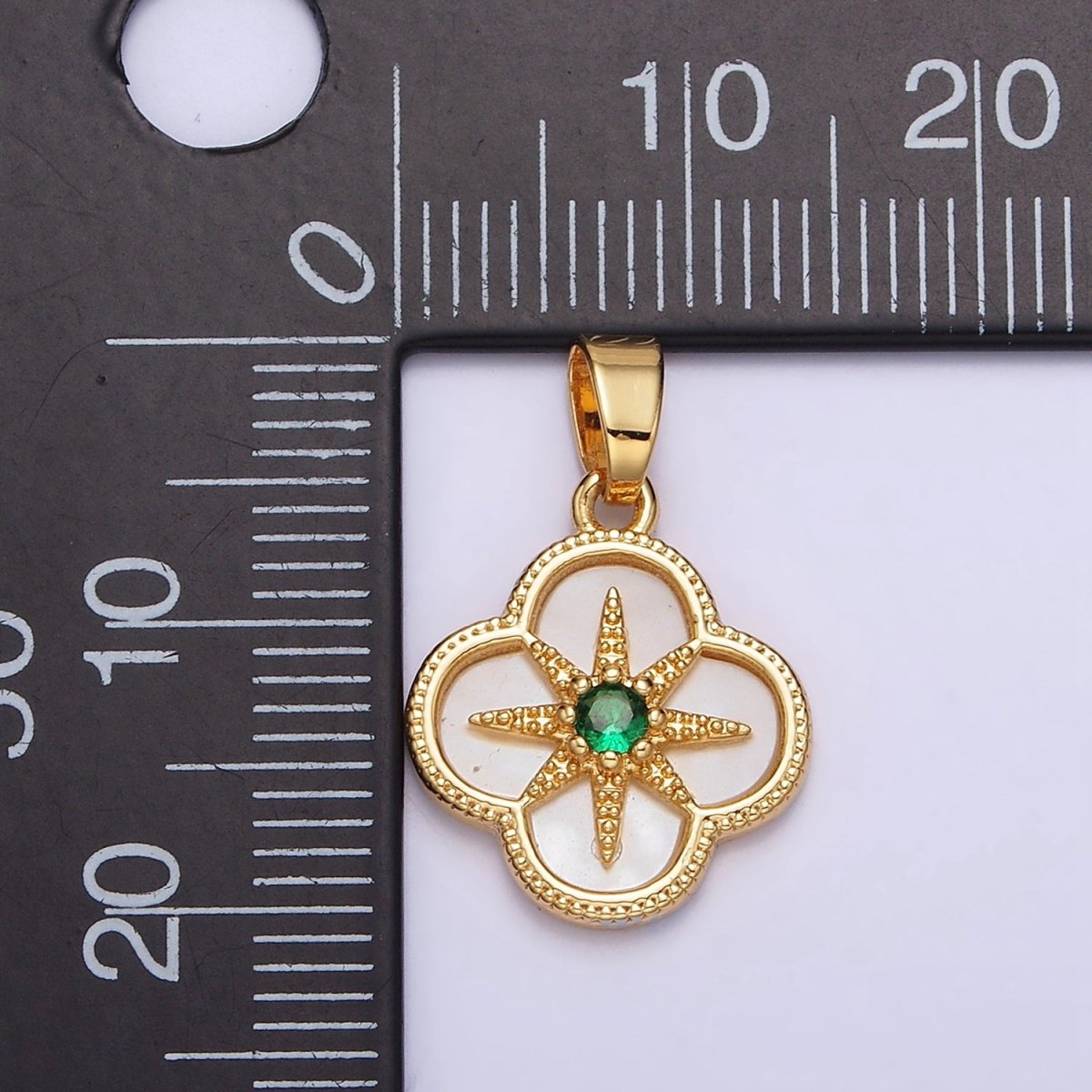 24K Gold Filled Green CZ Beaded Celestial North Star Shell Pearl Quatrefoil Pendant | AA562 - DLUXCA