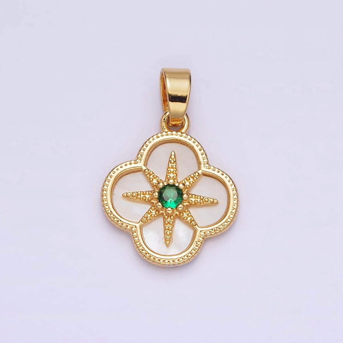 24K Gold Filled Green CZ Beaded Celestial North Star Shell Pearl Quatrefoil Pendant | AA562 - DLUXCA