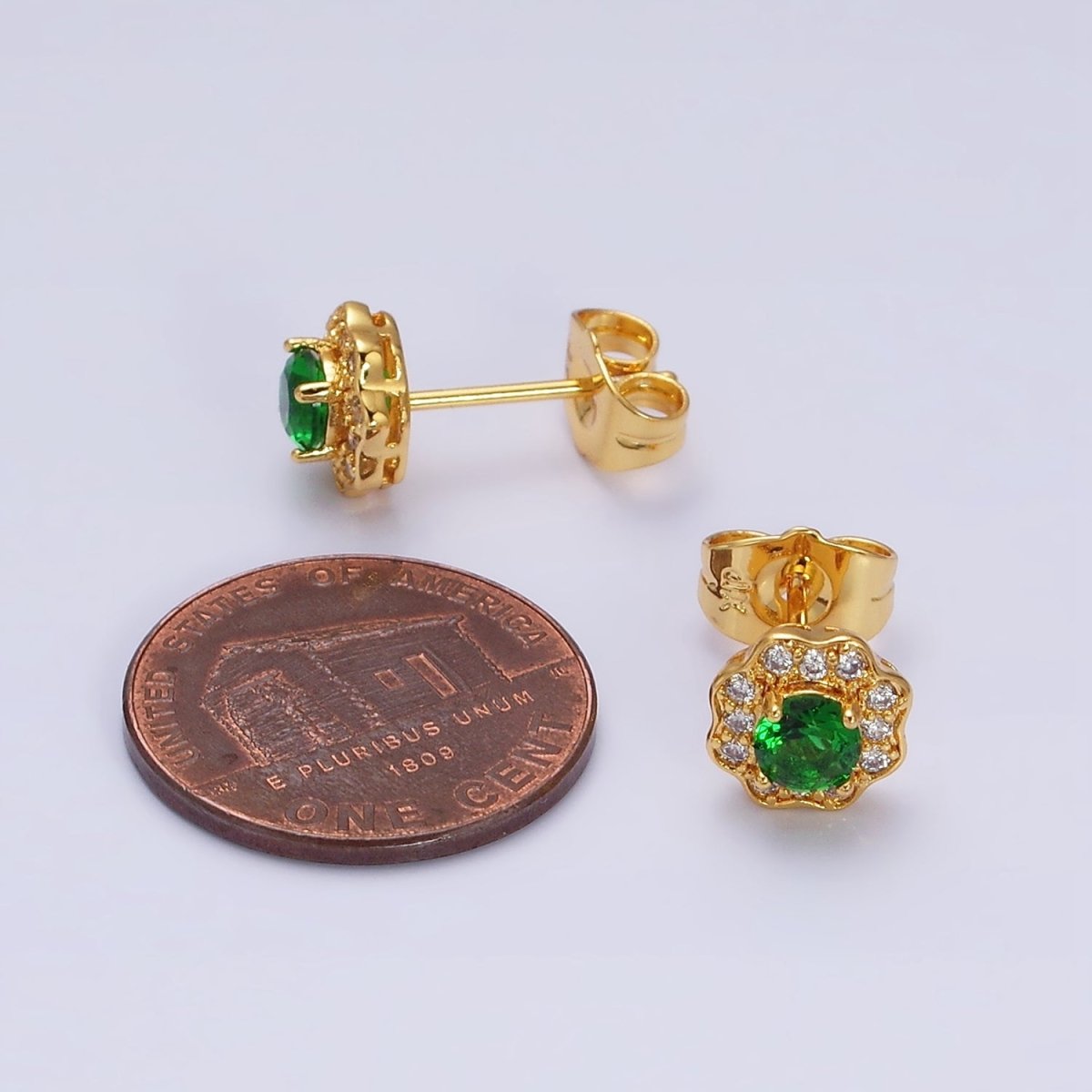 24K Gold Filled Green CZ Flower 8mm Stud Earrings | AD1428 - DLUXCA