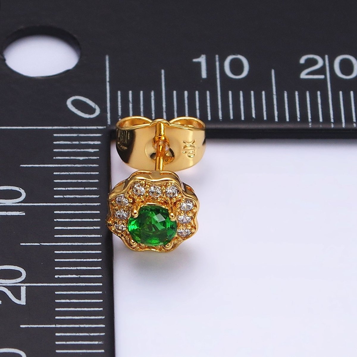 24K Gold Filled Green CZ Flower 8mm Stud Earrings | AD1428 - DLUXCA