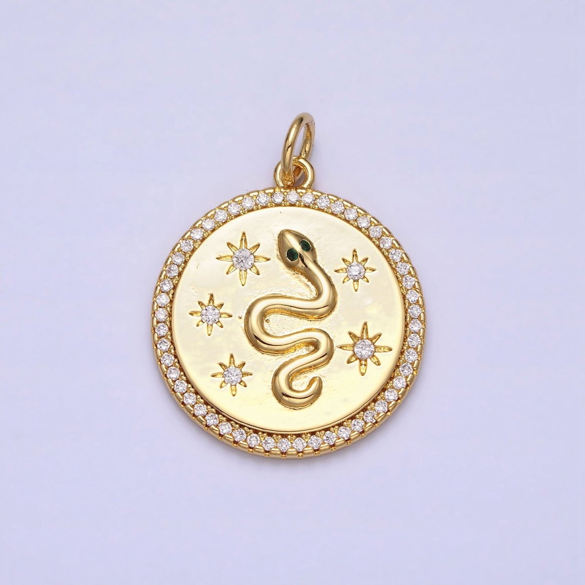 24K Gold Filled Green-Eyed Snake Celestial Star Sun Clear Micro Paved CZ Round Charm | AC376 - DLUXCA