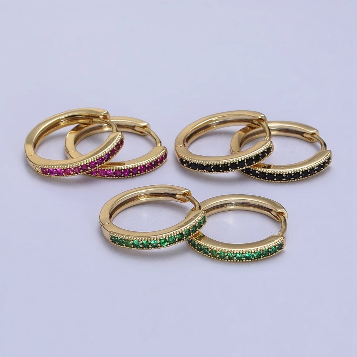 24K Gold Filled Green, Fuchsia, Black Micro Paved CZ Lined 16mm Huggie Earrings | AB297 AB298 AB299 - DLUXCA