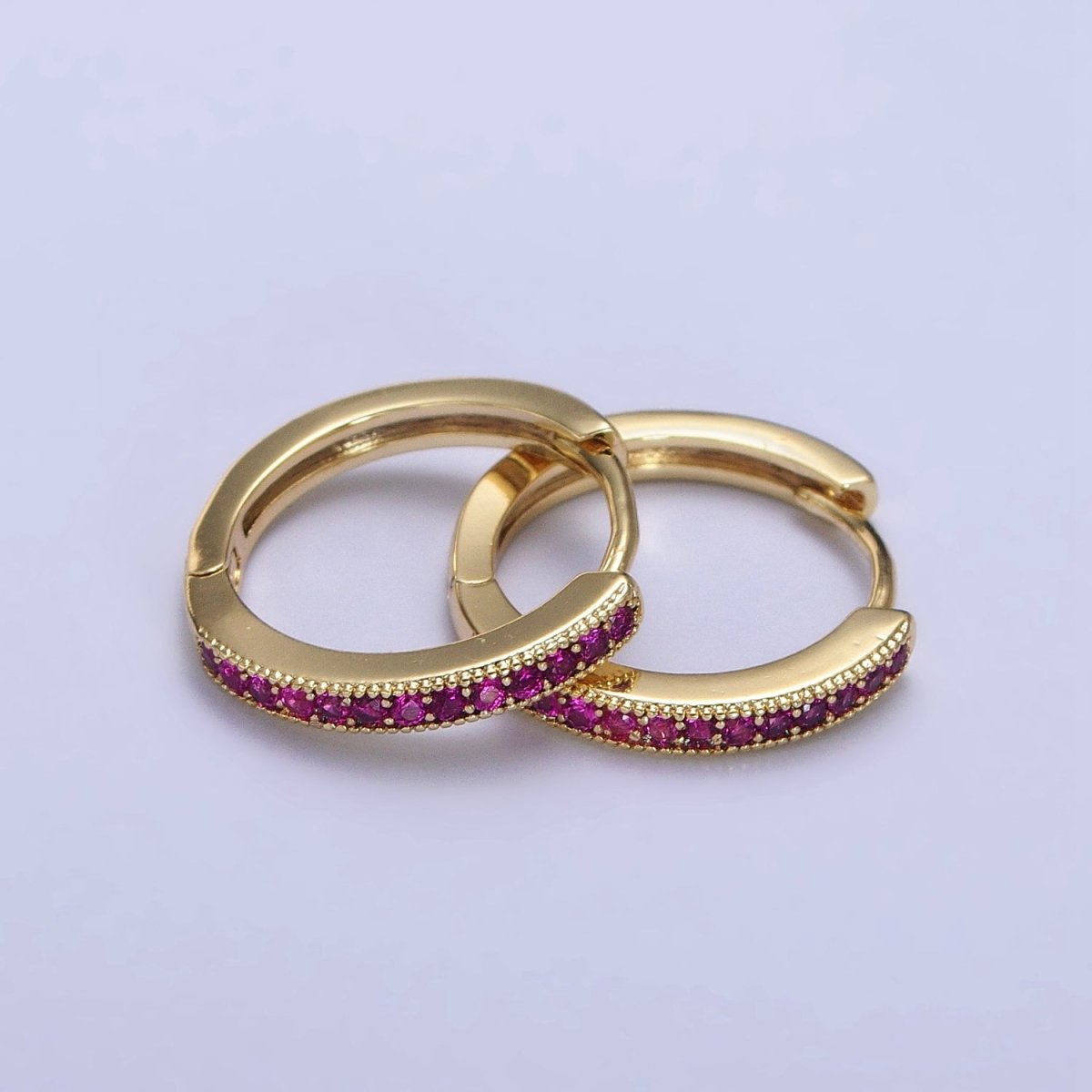 24K Gold Filled Green, Fuchsia, Black Micro Paved CZ Lined 16mm Huggie Earrings | AB297 AB298 AB299 - DLUXCA