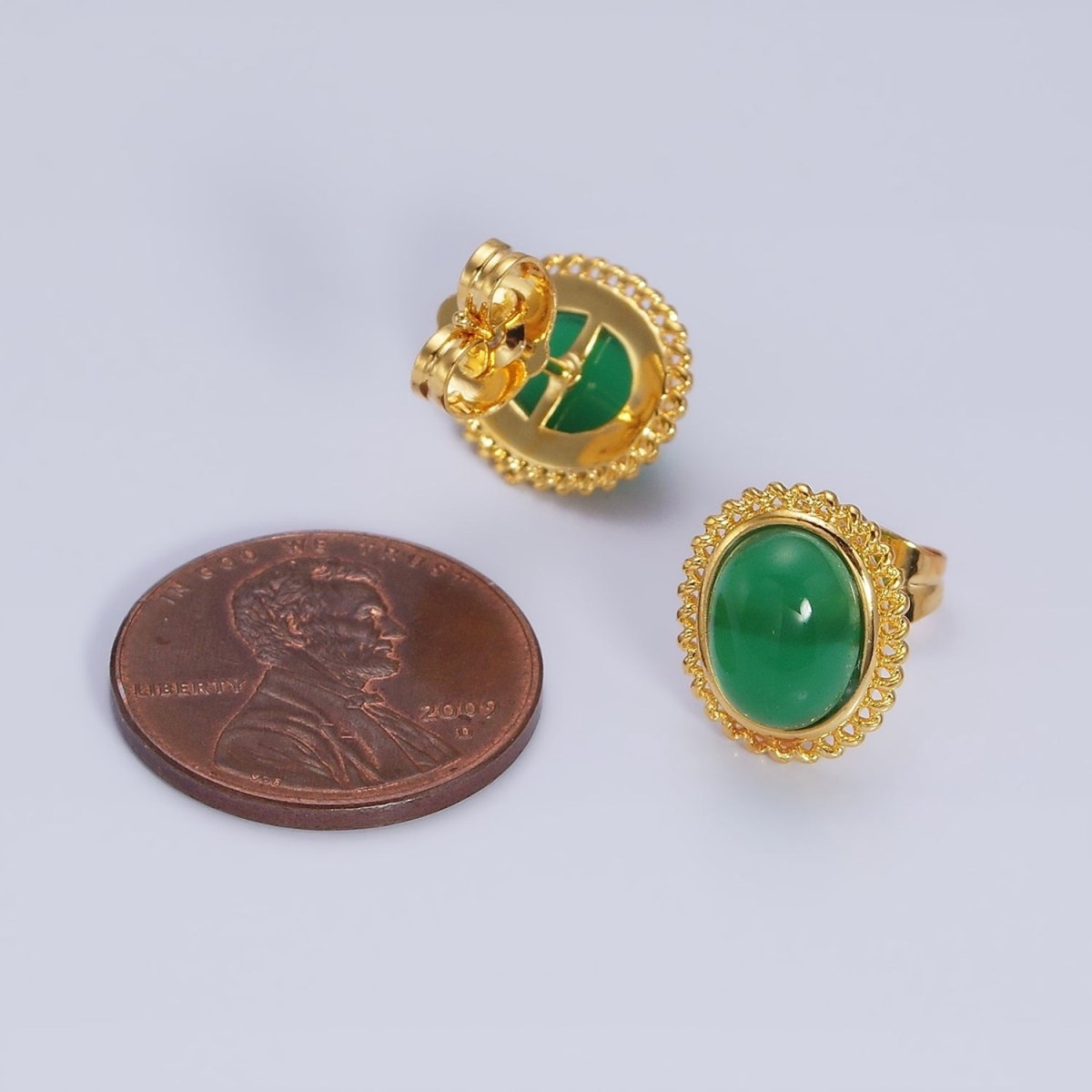 24K Gold Filled Green Jade Cabochon Rounded Stud Earrings | AD1429 - DLUXCA