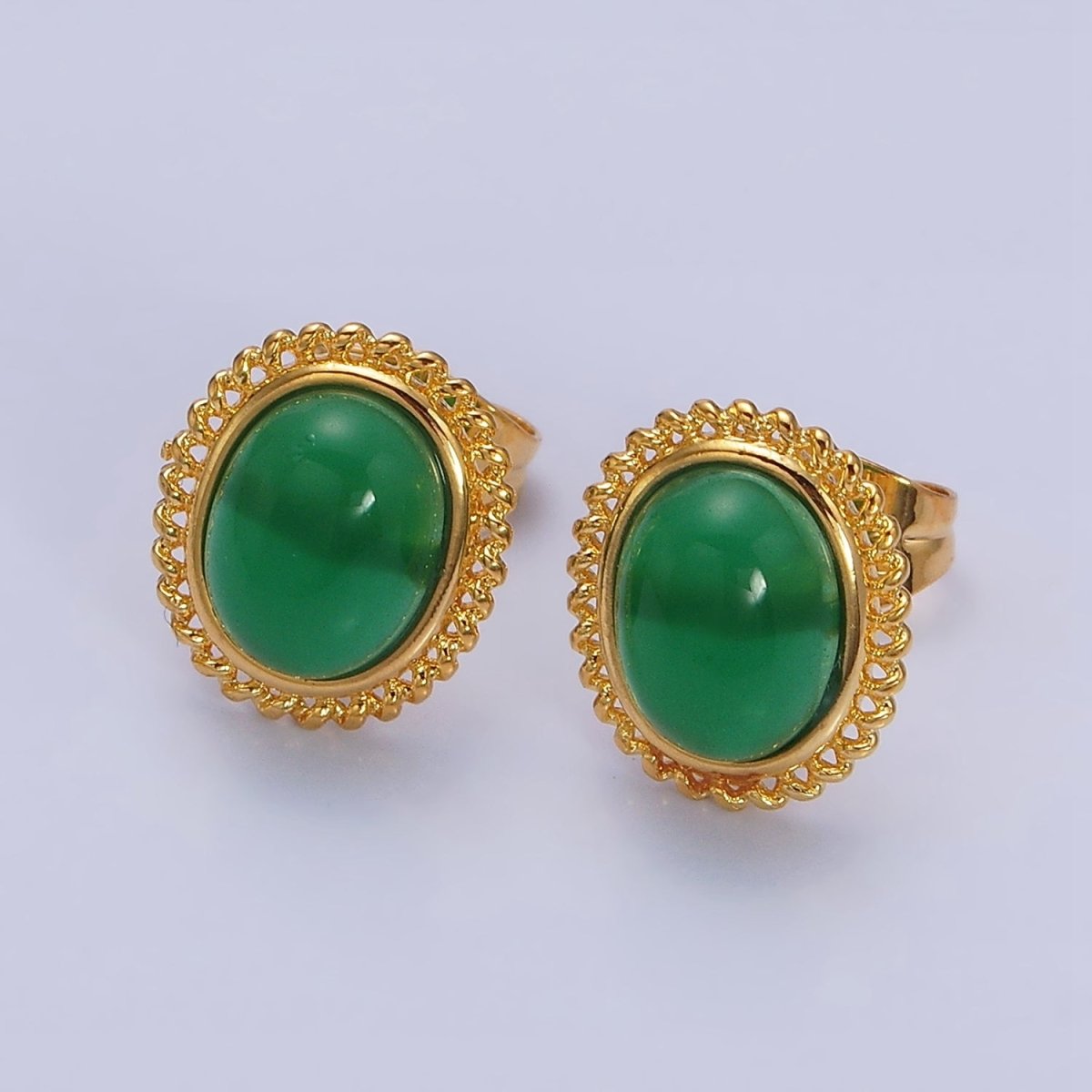24K Gold Filled Green Jade Cabochon Rounded Stud Earrings | AD1429 - DLUXCA