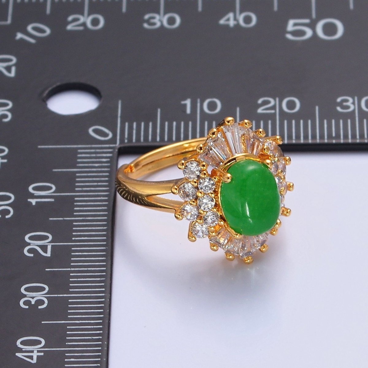 24K Gold Filled Green Jade Sunburst Baguette Round CZ Statement Ring O-767 - DLUXCA