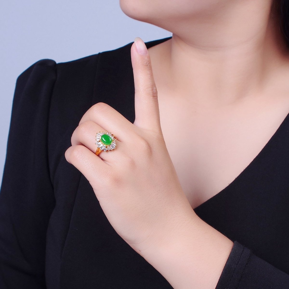 24K Gold Filled Green Jade Sunburst Baguette Round CZ Statement Ring O-767 - DLUXCA