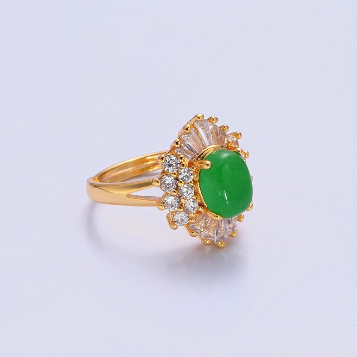 24K Gold Filled Green Jade Sunburst Baguette Round CZ Statement Ring O-767 - DLUXCA