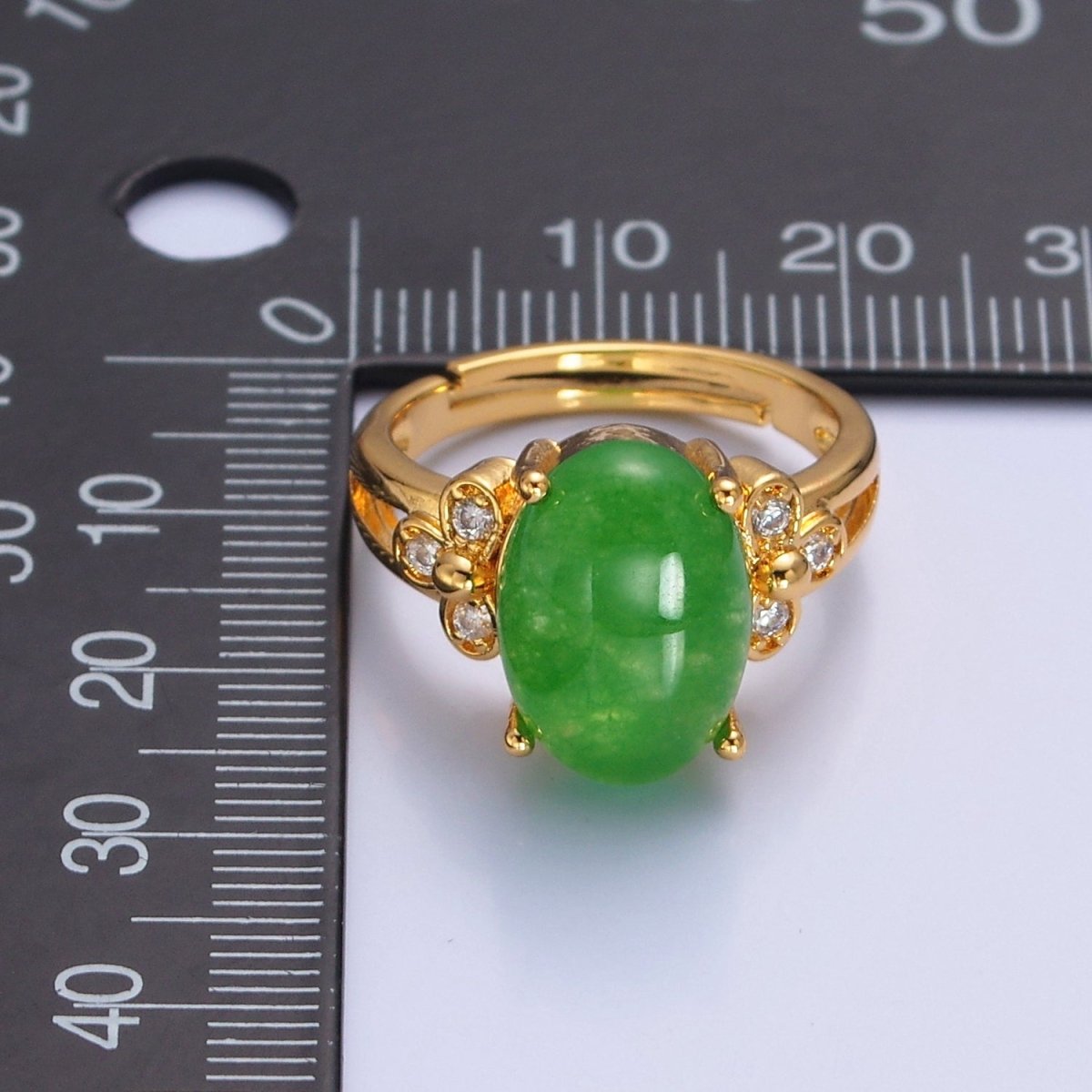 24K Gold Filled Green Jade/Cubic Zirconia Double Band Adjustable Ring, O-2298, O-765 - DLUXCA