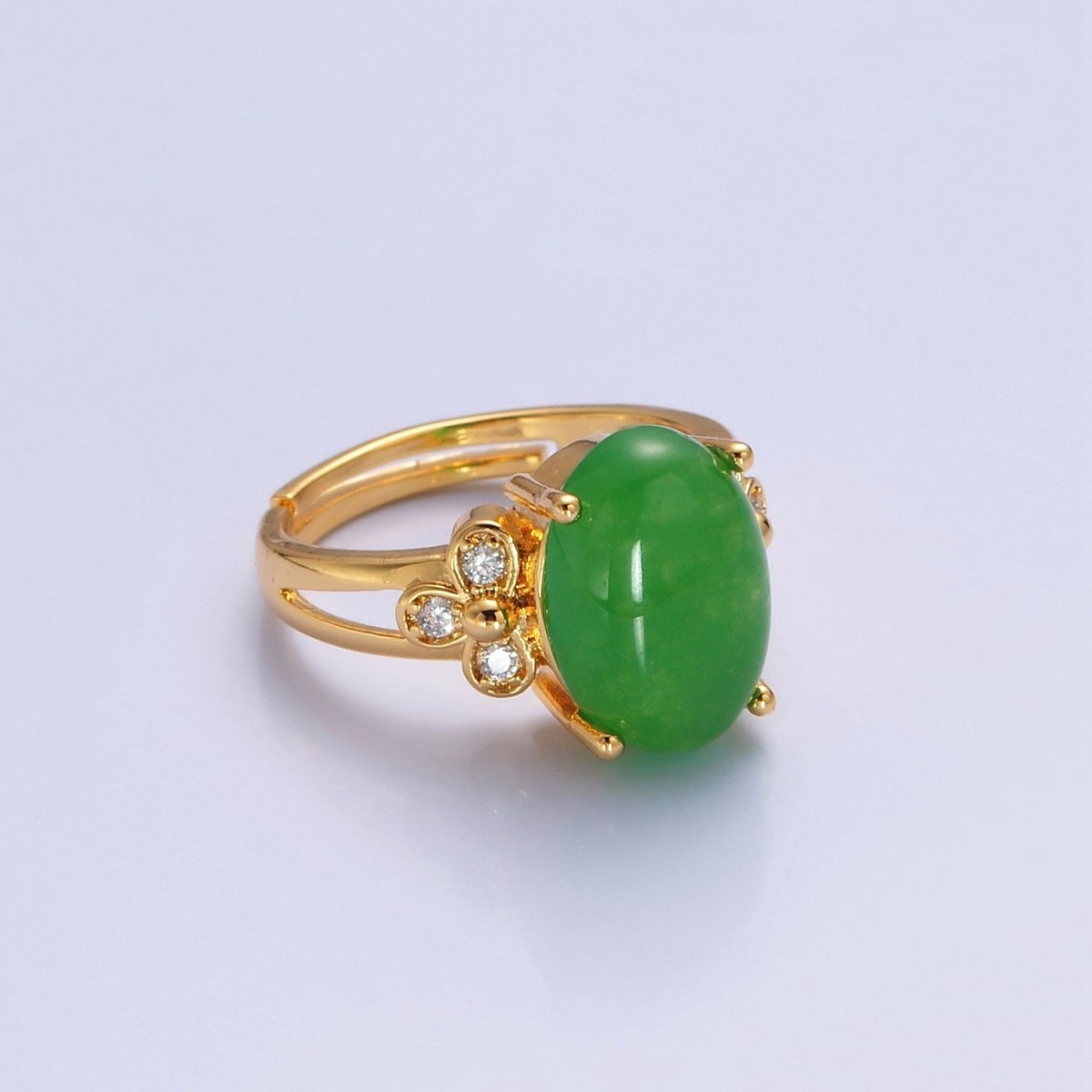 24K Gold Filled Green Jade/Cubic Zirconia Double Band Adjustable Ring, O-2298, O-765 - DLUXCA
