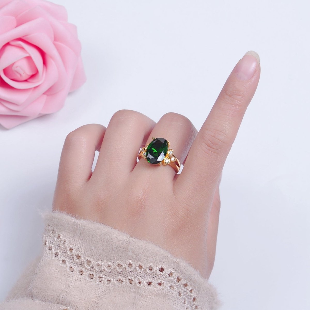 24K Gold Filled Green Jade/Cubic Zirconia Double Band Adjustable Ring, O-2298, O-765 - DLUXCA