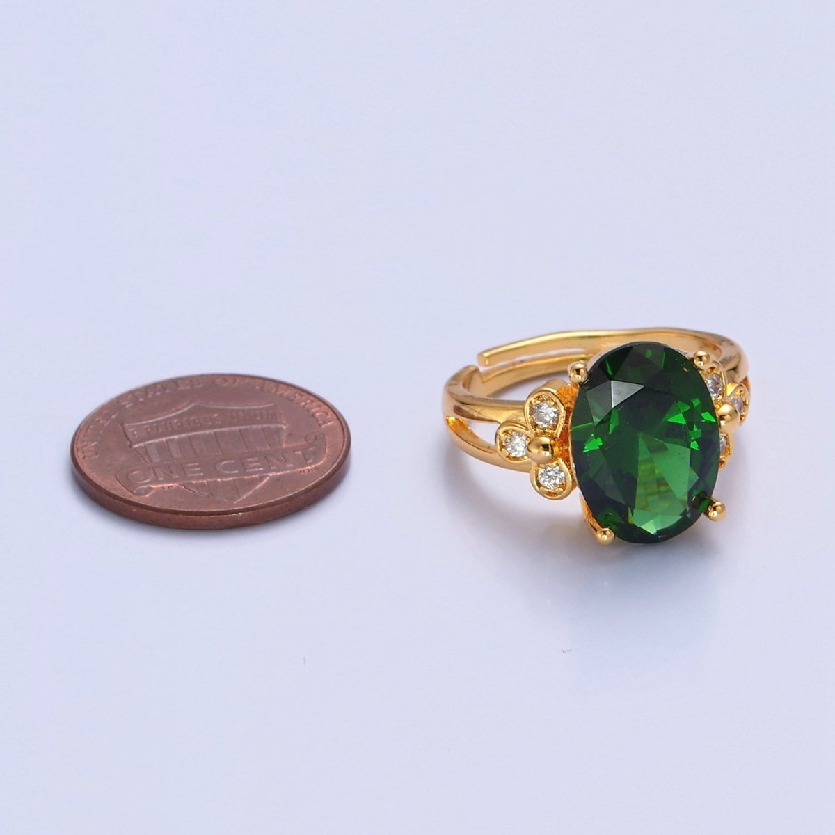 24K Gold Filled Green Jade/Cubic Zirconia Double Band Adjustable Ring, O-2298, O-765 - DLUXCA