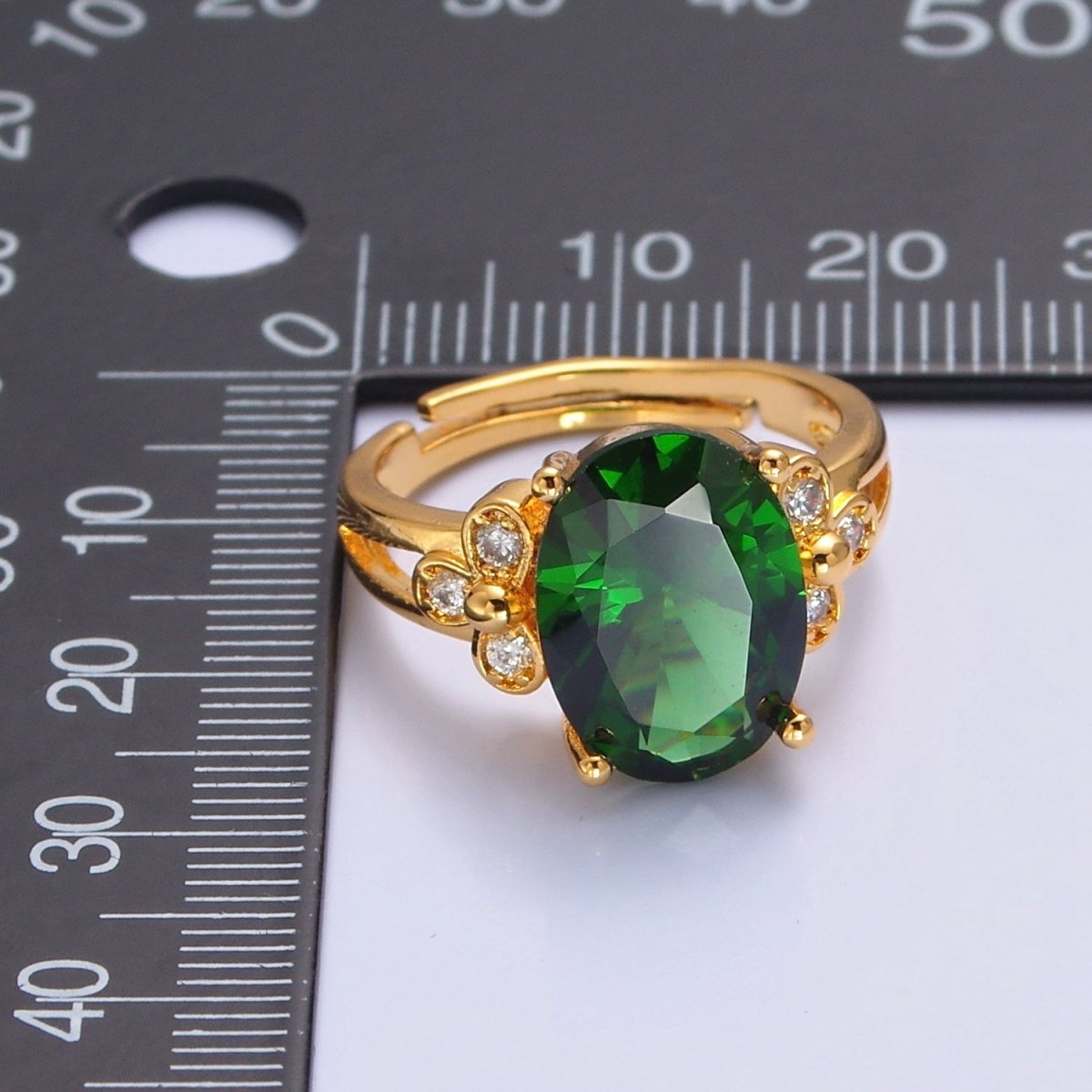 24K Gold Filled Green Jade/Cubic Zirconia Double Band Adjustable Ring, O-2298, O-765 - DLUXCA