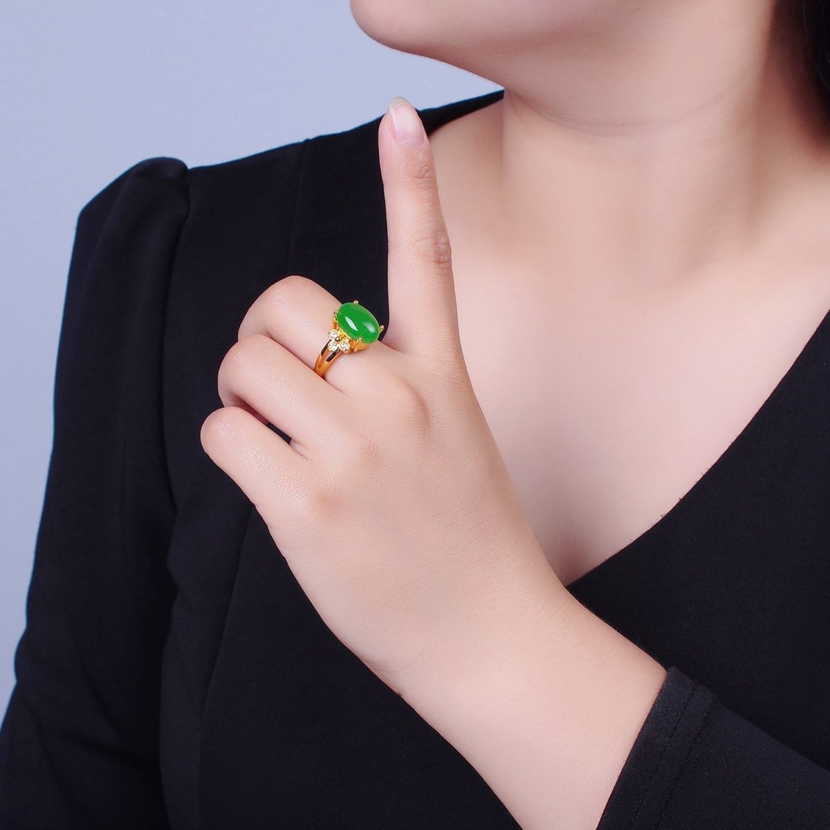 24K Gold Filled Green Jade/Cubic Zirconia Double Band Adjustable Ring, O-2298, O-765 - DLUXCA