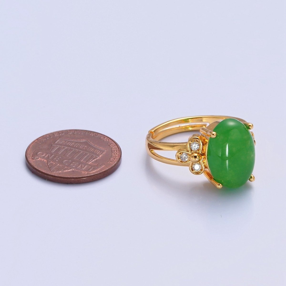 24K Gold Filled Green Jade/Cubic Zirconia Double Band Adjustable Ring, O-2298, O-765 - DLUXCA