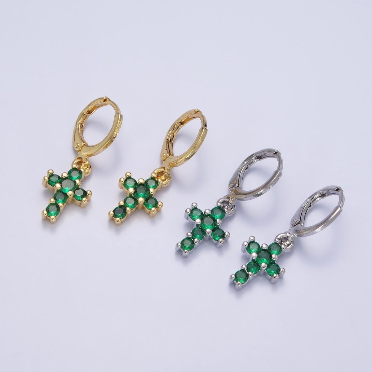 24K Gold Filled Green Micro Paved CZ Drop Huggie Earrings in Gold & Silver | AB621 AB622 - DLUXCA