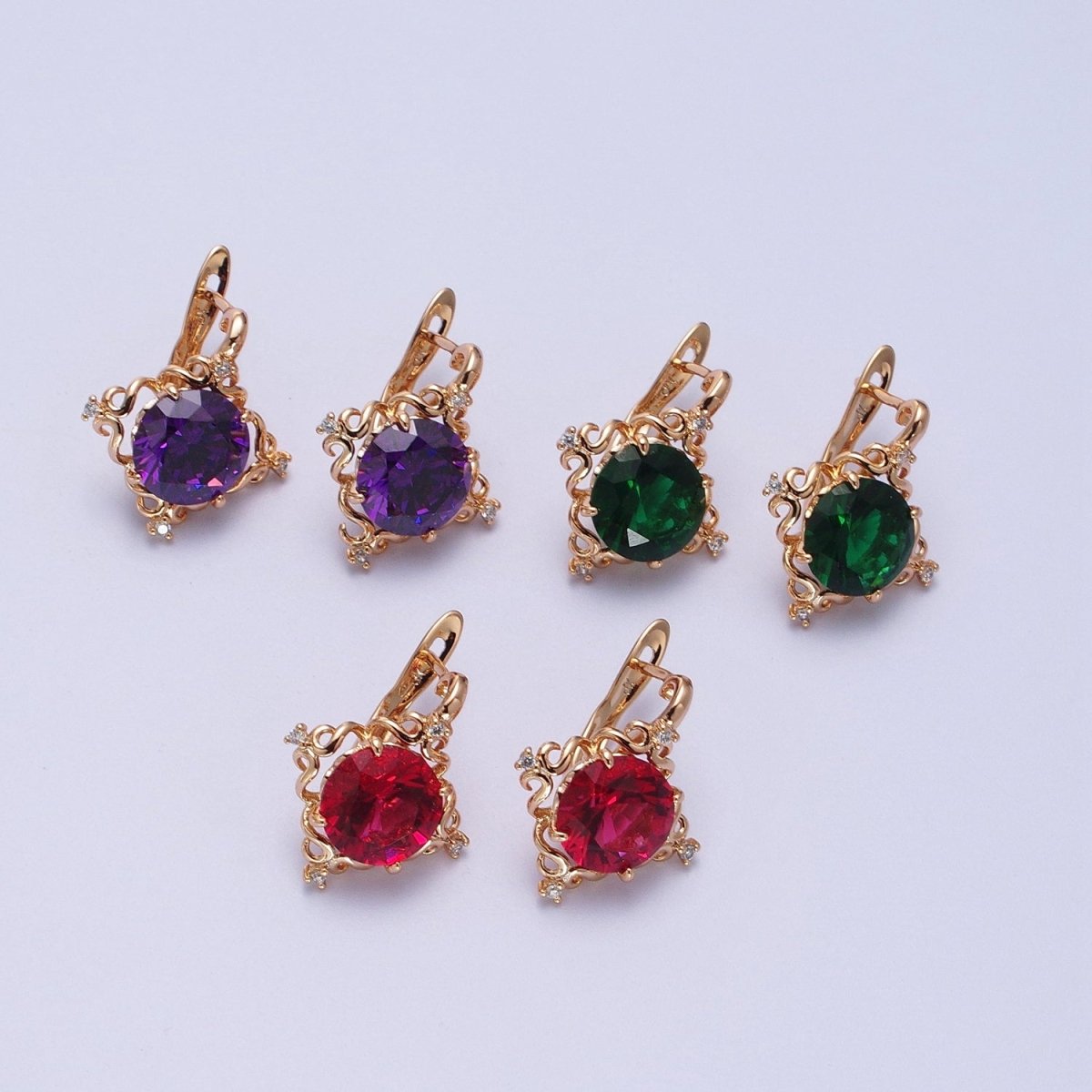 24K Gold Filled Green, Purple, Red Round Artisan Latch Back Earrings | Y-292~Y-294 - DLUXCA