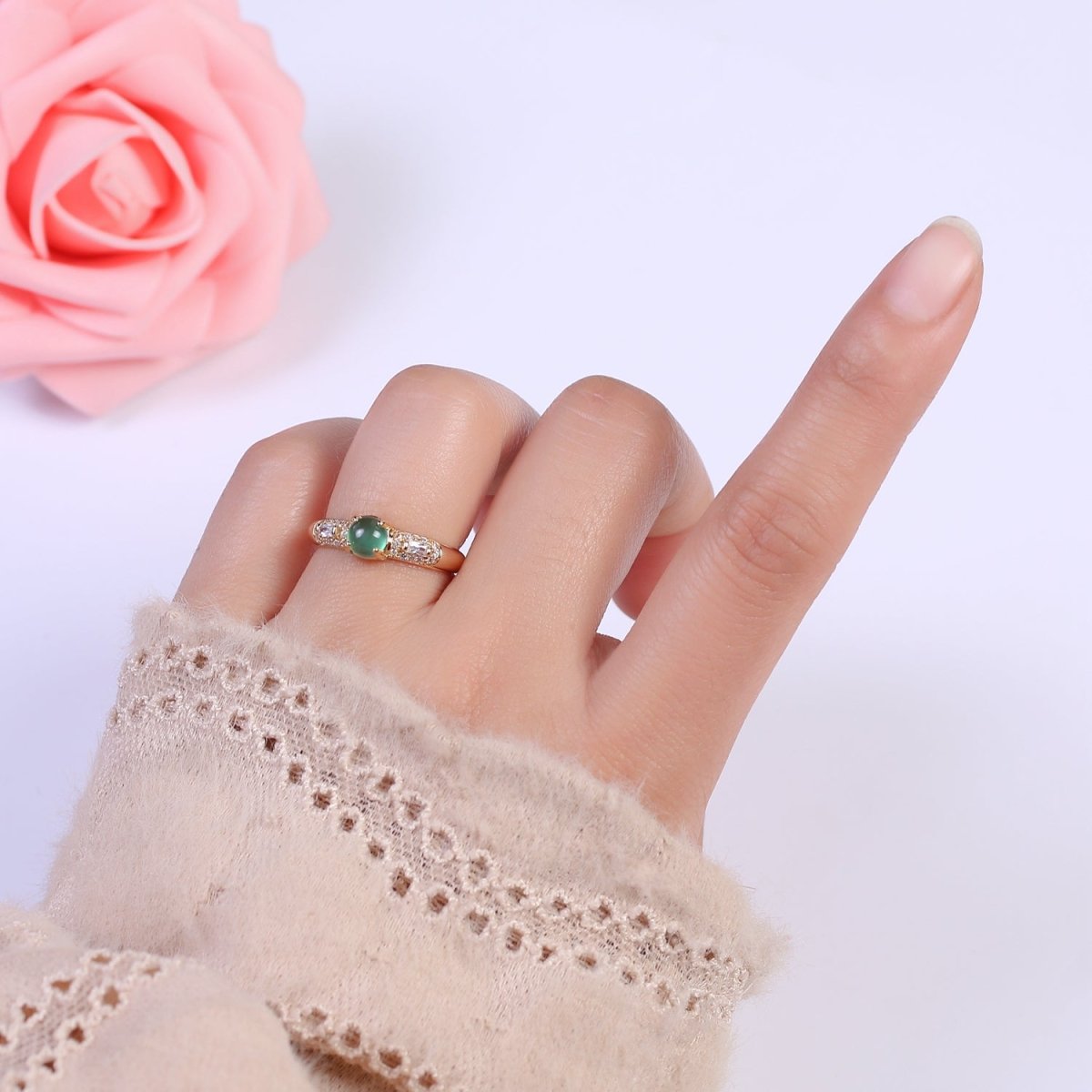 24K Gold Filled Green Stone on Micro Pave CZ Crystal Cubic Zirconia Adjustable Open Ring S-355 - DLUXCA