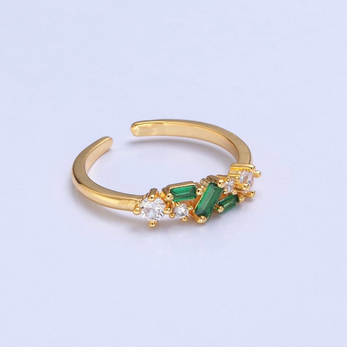 24K Gold Filled Green/Fuchsia CZ Promise Ring, Round & Baguette Cubic Zirconia Ring O-2287 O-2288 - DLUXCA