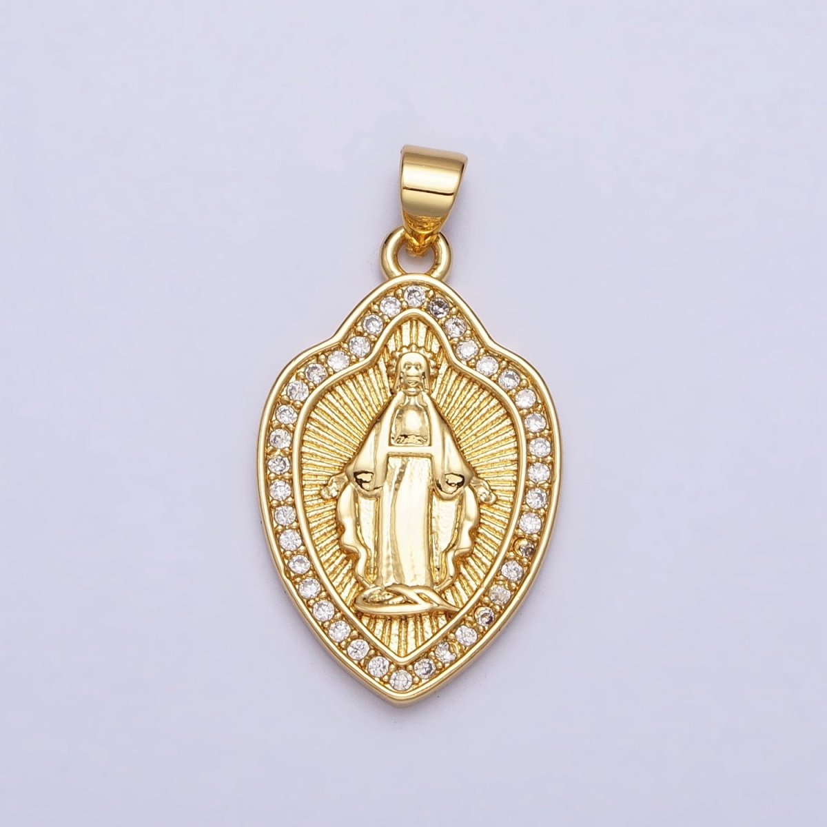 24K Gold Filled Guadalupe Virgin Mary Line Textured Shield Micro Paved CZ Pendant | AA207 - DLUXCA