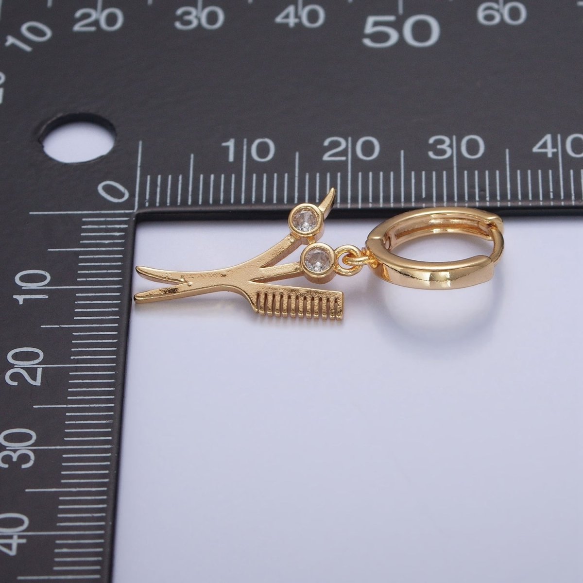 24K Gold Filled Hairdresser Barber Tools Scissors & Comb CZ Charm Dangle Huggie Hoop Earrings P-435 - DLUXCA