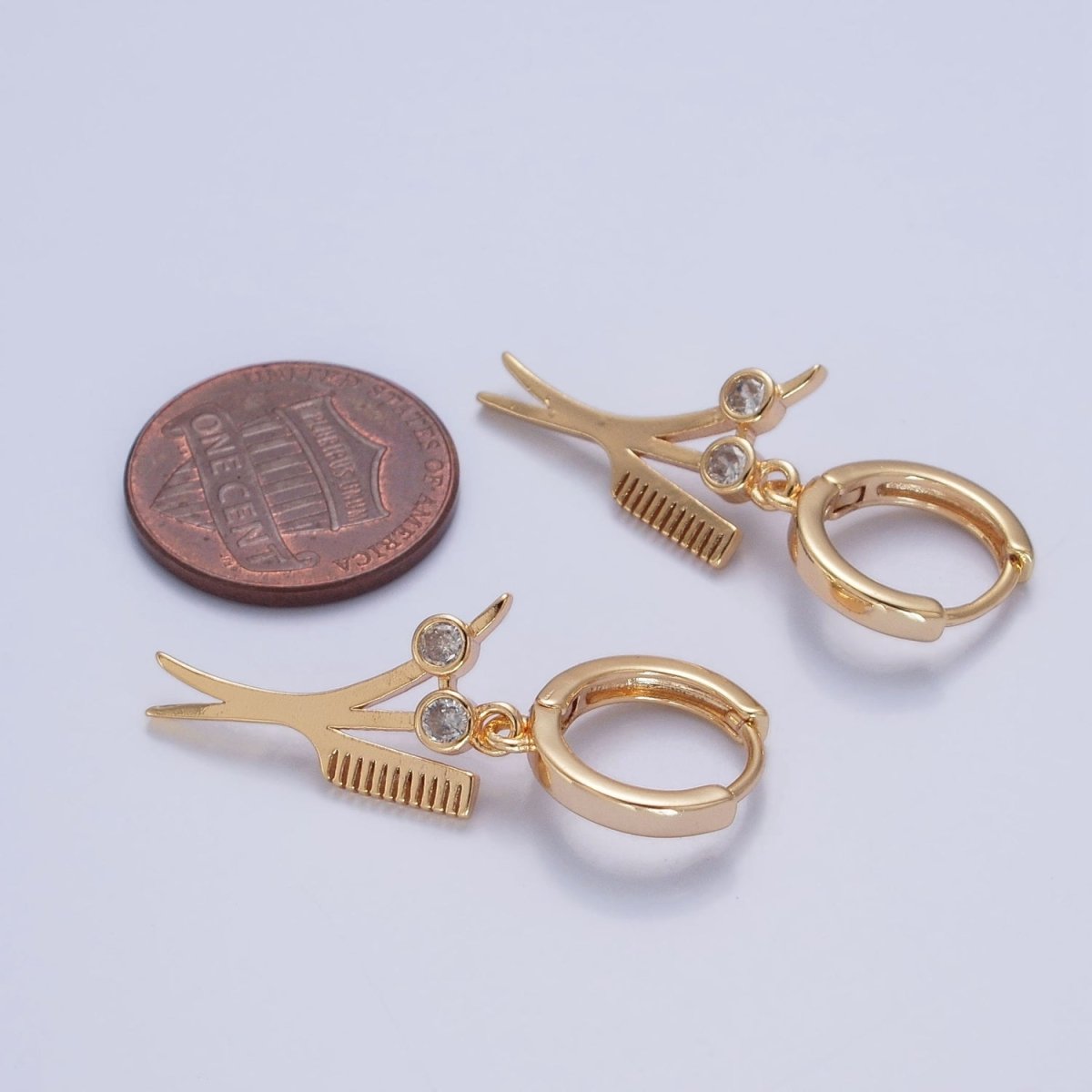 24K Gold Filled Hairdresser Barber Tools Scissors & Comb CZ Charm Dangle Huggie Hoop Earrings P-435 - DLUXCA