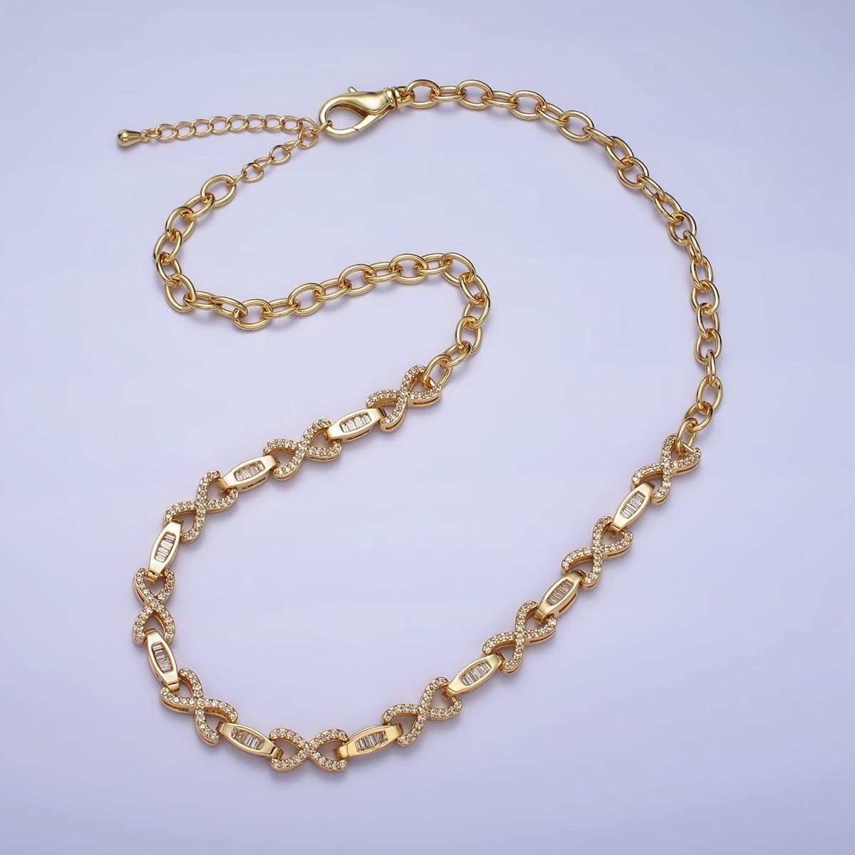 24k Gold Filled Half 6.5mm Designed Figure Eight Baguette Cable Link 17 Inch Necklace in Silver & Gold | WA-1616 WA-1678 Clearance Pricing - DLUXCA