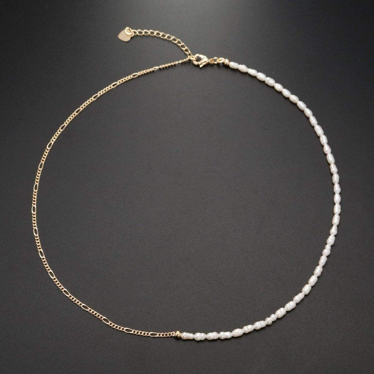 24K Gold Filled Half Freshwater Pearl Baroque Seed Half Figaro 16 Inch Choker Chain Necklace | WA-330 Clearance Pricing - DLUXCA