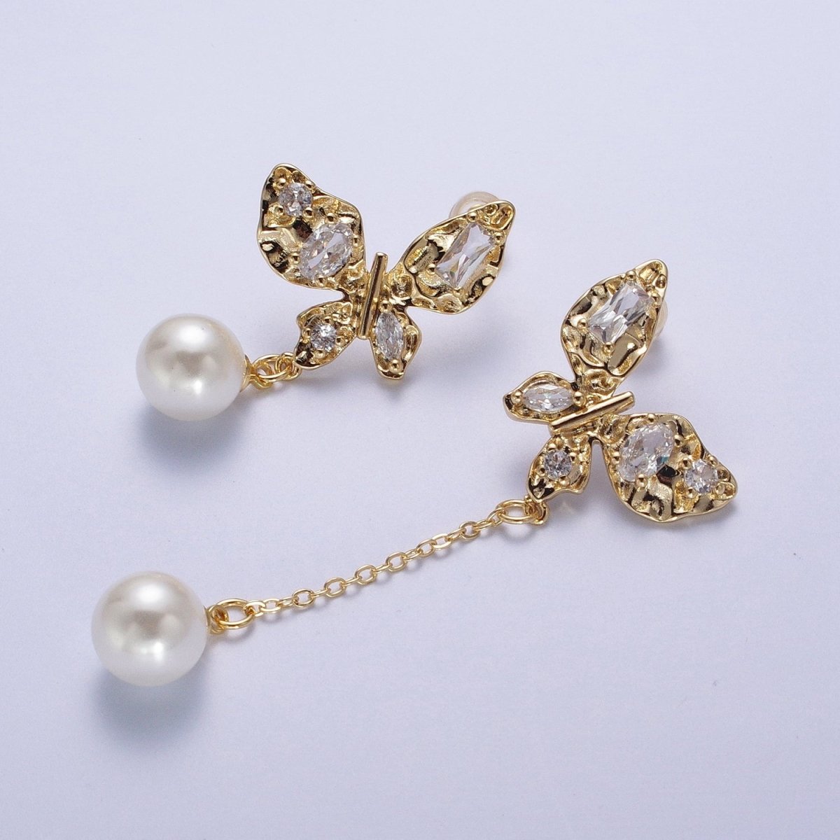 24K Gold Filled Hammered Butterfly Clear Cubic Zirconia Wings Pearl Charm Dangle Drop Stud Earrings | Y-034 - DLUXCA