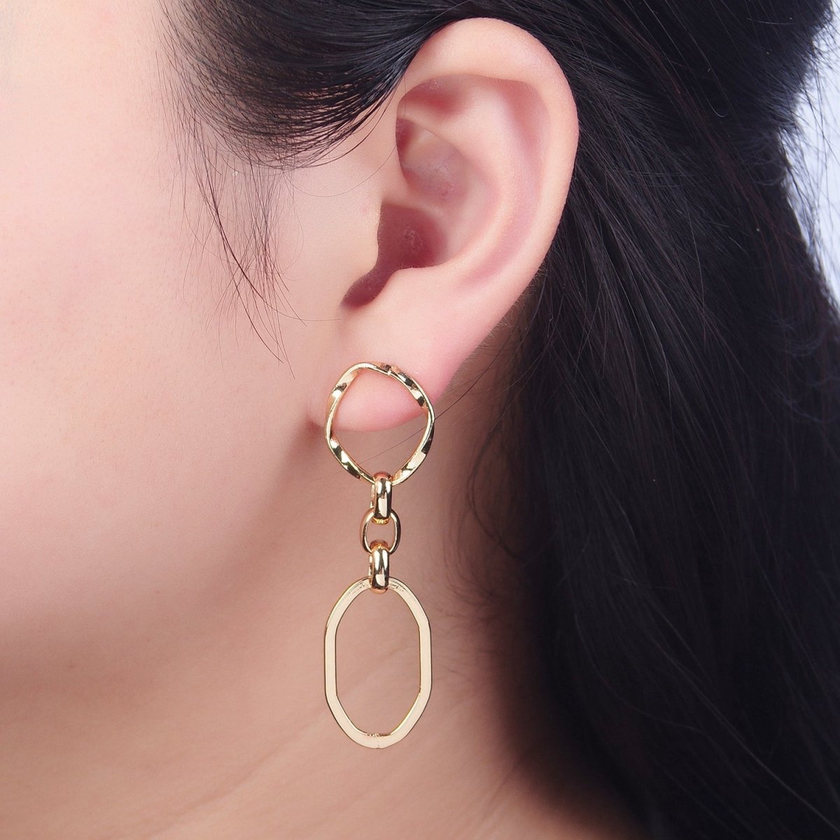 24K Gold Filled Hammered Oval Chain Link Dangle Stud Earrings P-310 - DLUXCA